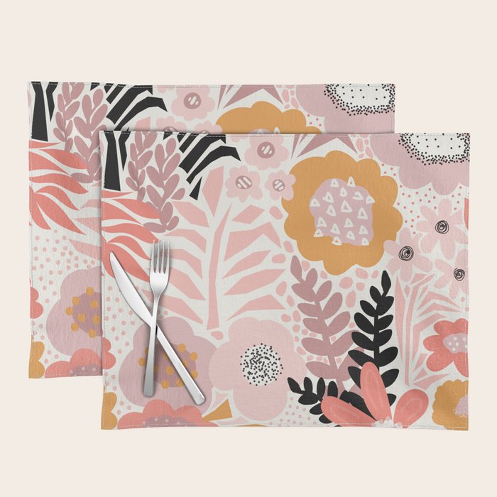 Large Pastel Floral Pattern Orange Pink White Black Gold Meadow Placemat Gallery Image 1