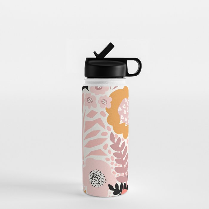 Large Pastel Floral Pattern Orange Pink White Black Gold Meadow Water Bottle Gallery Image 1