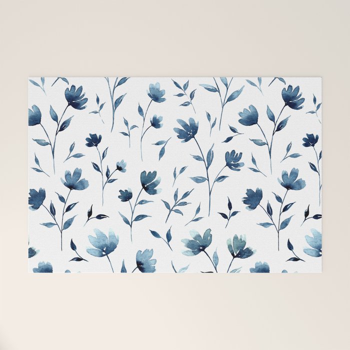 Blue flowers | Watercolor Pattern Welcome Mat Gallery Image 1