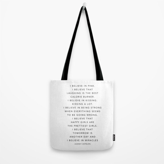 I Believe In Pink. I Believe That Laughing Is the Best Calorie Burnerâ¦ -Audrey Hepburn Tote Bag Gallery Image 2