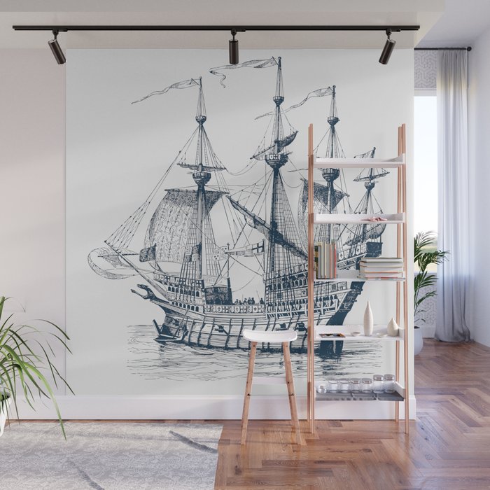 Blue vintage nautical wind sailing boat Wall Mural Gallery Image 1