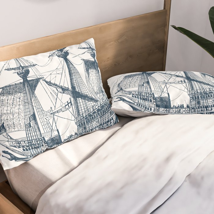 Blue vintage nautical wind sailing boat Pillow Sham Gallery Image 2