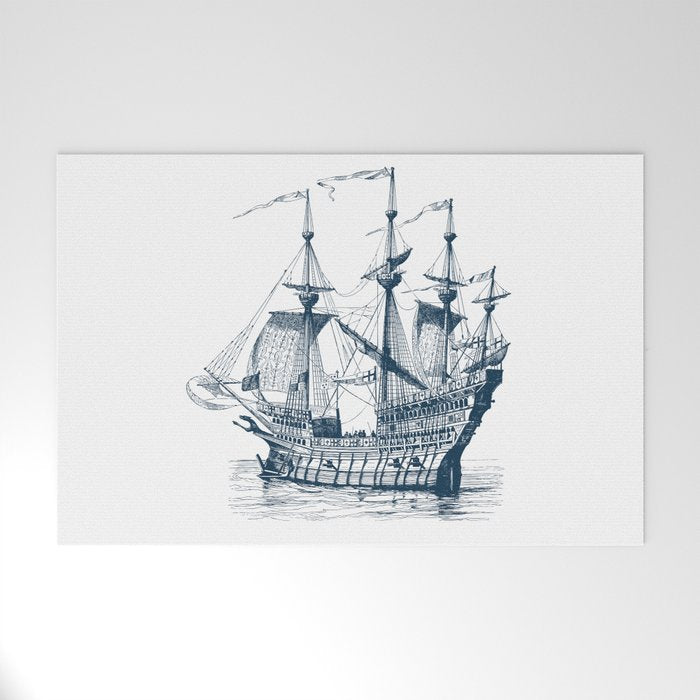 Blue vintage nautical wind sailing boat Welcome Mat Gallery Image 1