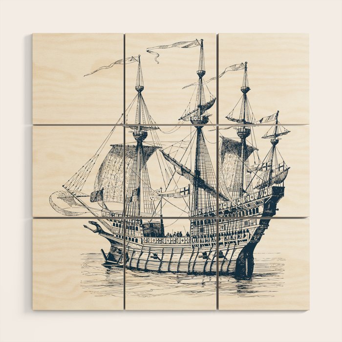 Blue vintage nautical wind sailing boat Wood Wall Art