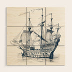 Blue vintage nautical wind sailing boat Wood Wall Art Gallery Image 1