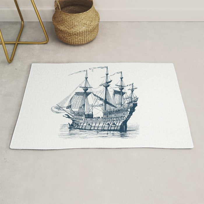 Blue vintage nautical wind sailing boat Rug Gallery Image 1