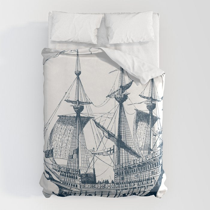 Blue vintage nautical wind sailing boat Duvet Cover Gallery Image 1