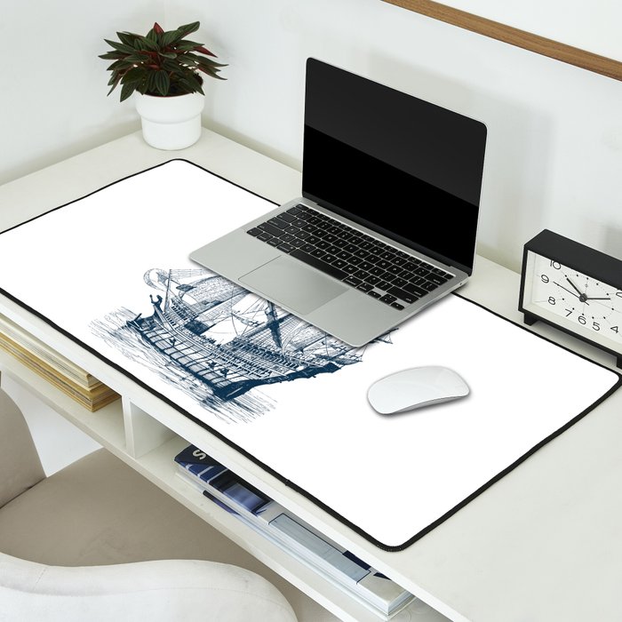 Blue vintage nautical wind sailing boat Desk Mat Gallery Image 2