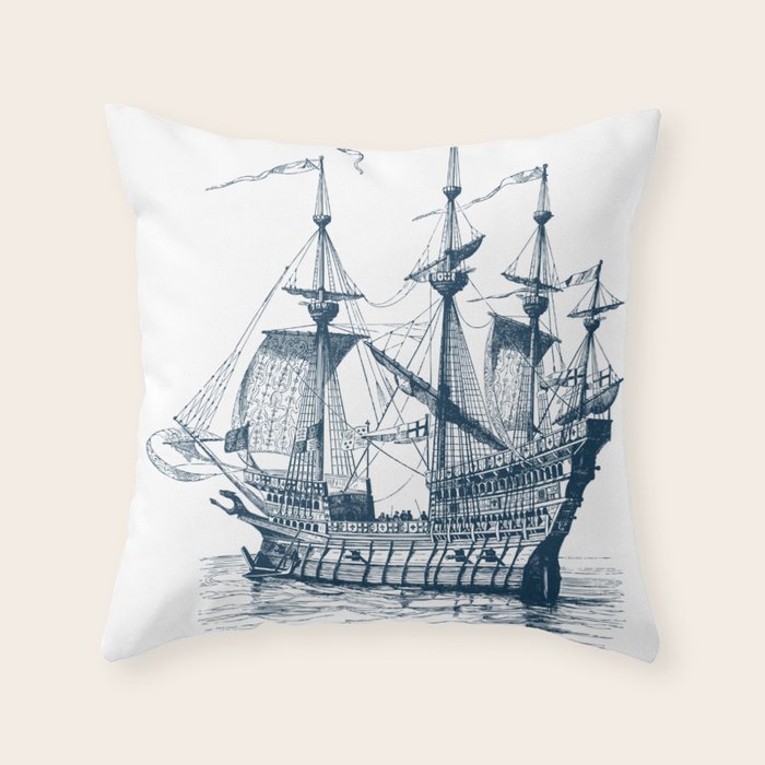 Blue vintage nautical wind sailing boat Throw Pillow Gallery Image 6