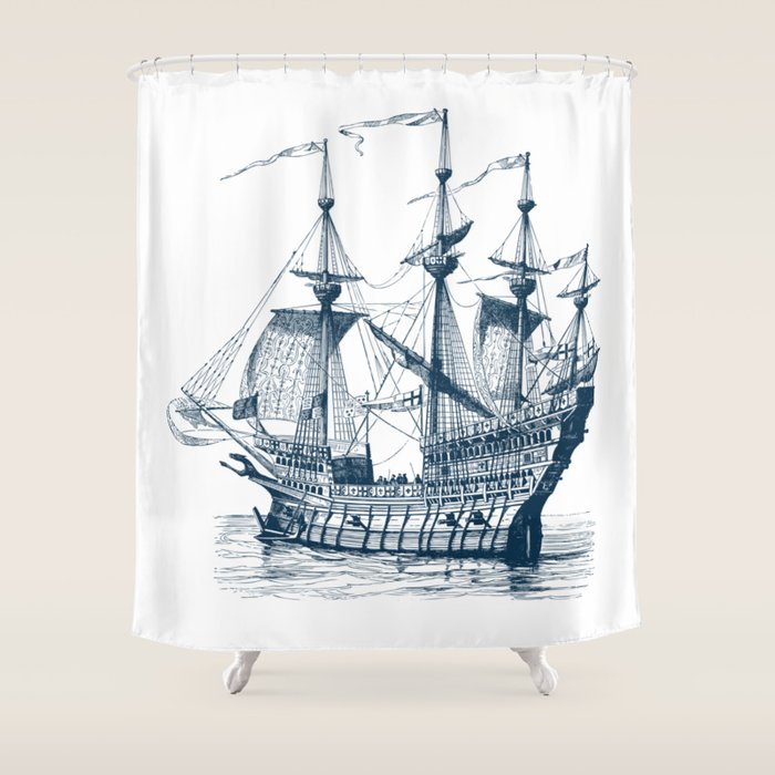 Blue vintage nautical wind sailing boat Shower Curtain Gallery Image 1