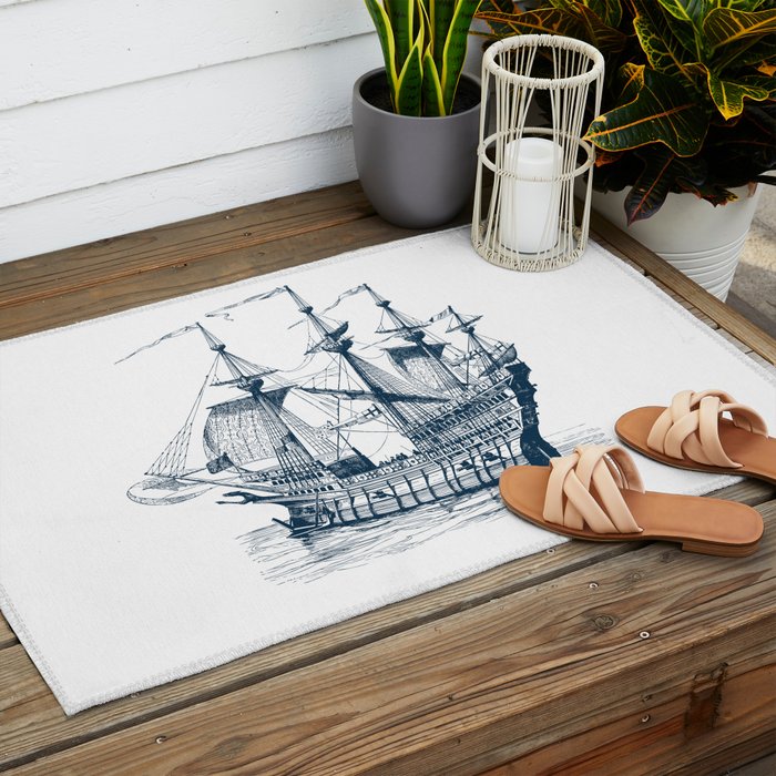 Blue vintage nautical wind sailing boat Outdoor Rug Gallery Image 2