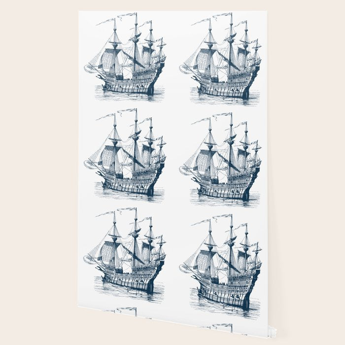 Blue vintage nautical wind sailing boat Wallpaper Gallery Image 2