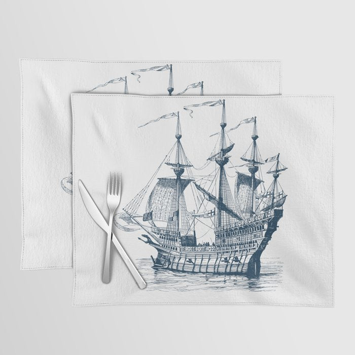 Blue vintage nautical wind sailing boat Placemat Gallery Image 1