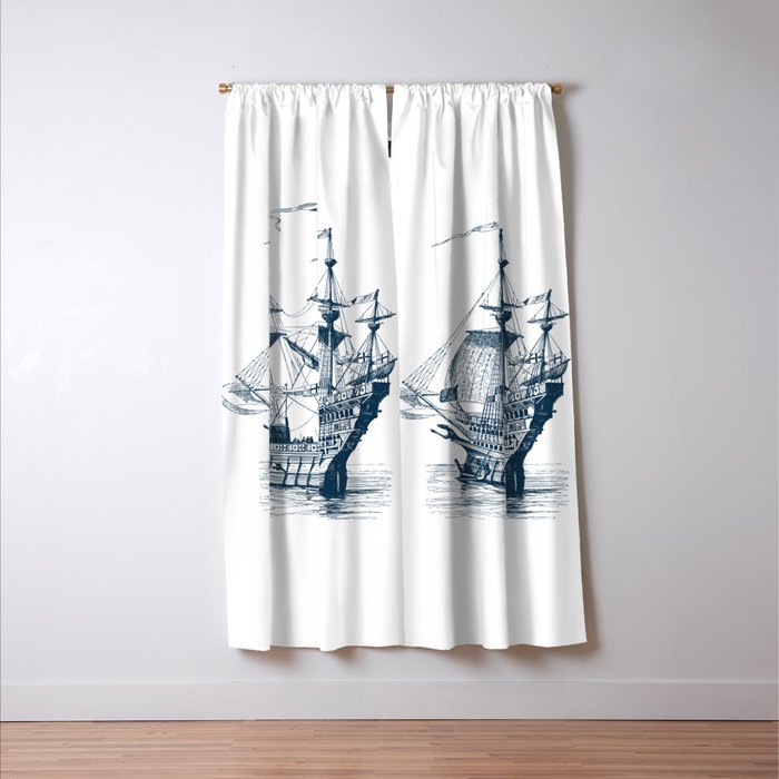 Blue vintage nautical wind sailing boat Window Curtain Gallery Image 3