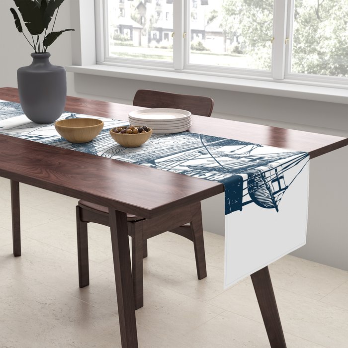 Blue vintage nautical wind sailing boat Table Runner Gallery Image 2