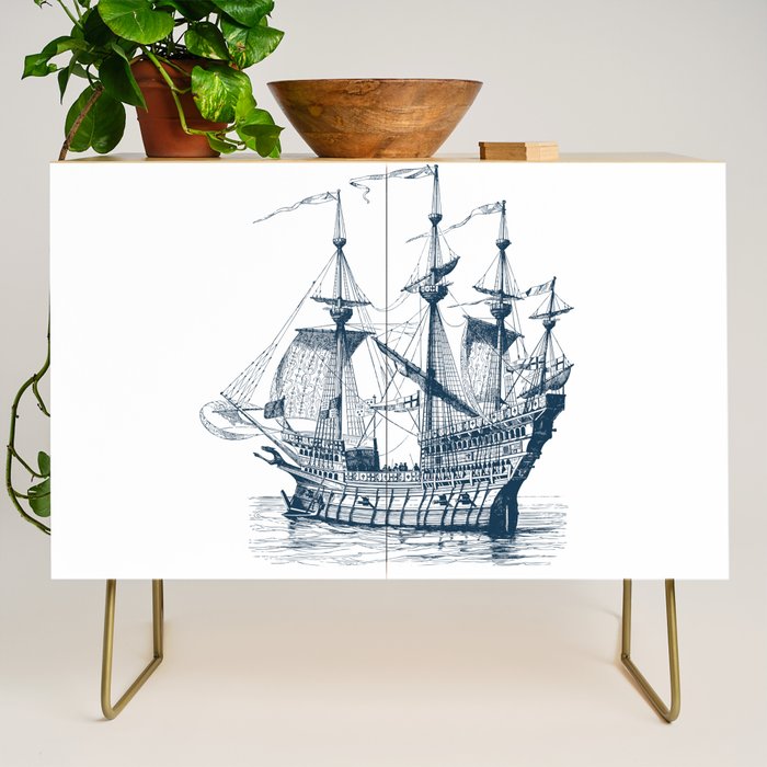 Blue vintage nautical wind sailing boat Credenza Gallery Image 1