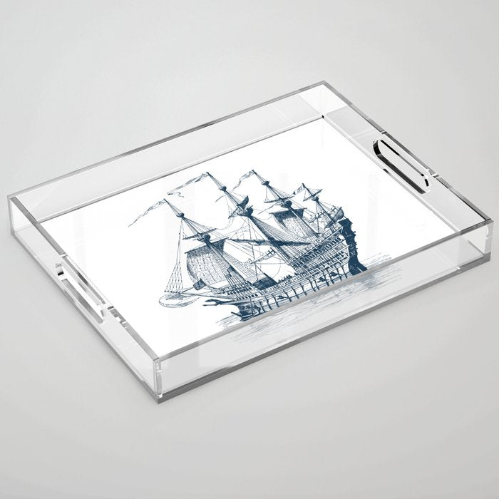 Blue vintage nautical wind sailing boat Acrylic Tray Gallery Image 1