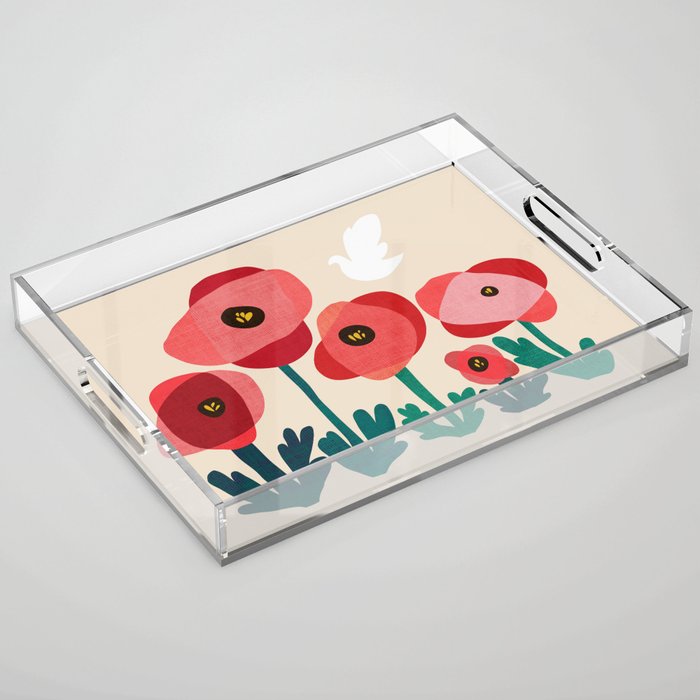 Poppy flowers and bird Acrylic Tray Gallery Image 1