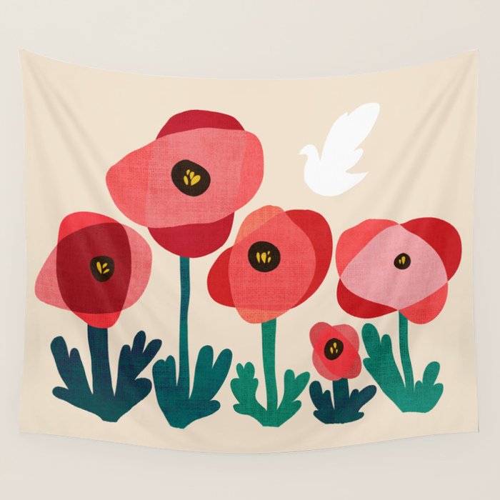Poppy flowers and bird Wall Tapestry Gallery Image 4