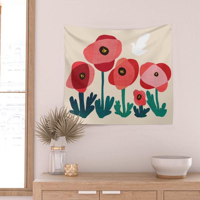 Poppy flowers and bird Wall Tapestry Gallery Image 2