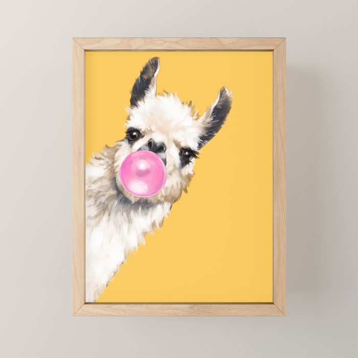 Bubble Gum Sneaky Llama in Yellow Mini Art Print Gallery Image 1