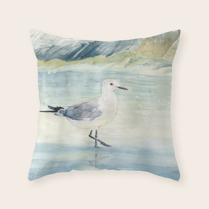 Seagull on the beach Throw Pillow Gallery Image 1