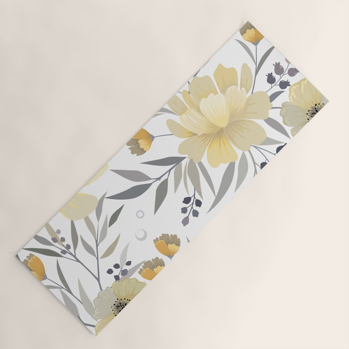 Modern, Floral Prints, Yellow, Gray and White Yoga Mat Gallery Image 1