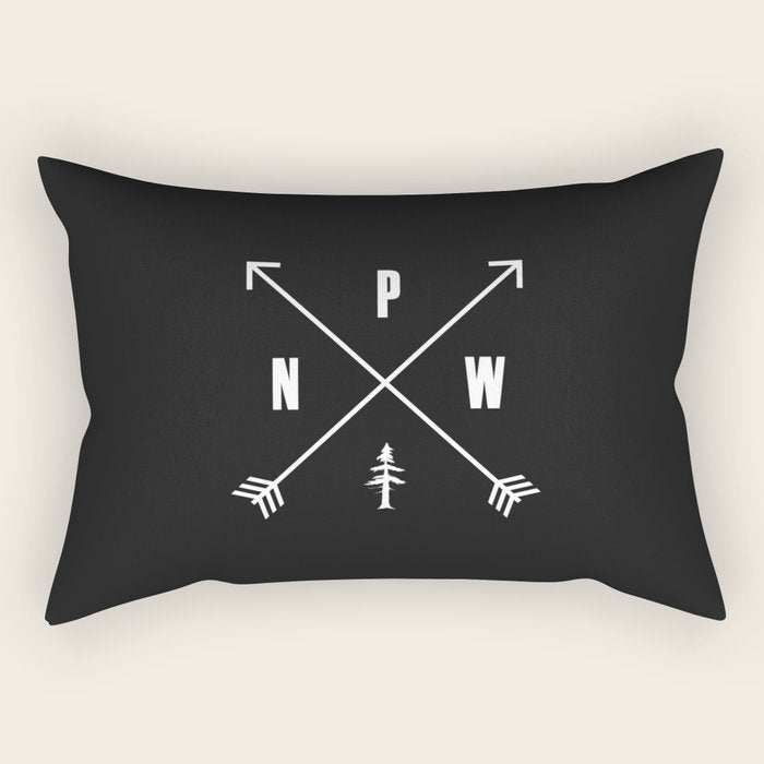PNW Pacific Northwest Compass - White on Black Minimal Rectangular Pillow Gallery Image 2
