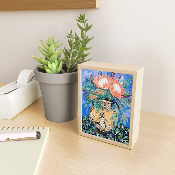 Cat Walk: Protea and Banksia Bouquet Floral Still Life with Greek Urn featuring Woman Walking Cats Mini Art Print Gallery Image 2