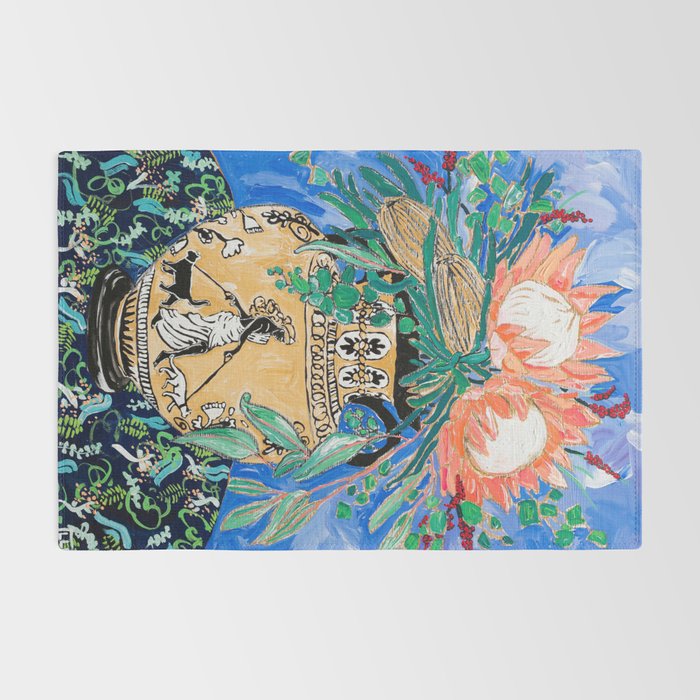 Cat Walk: Protea and Banksia Bouquet Floral Still Life with Greek Urn featuring Woman Walking Cats Rug Gallery Image 2