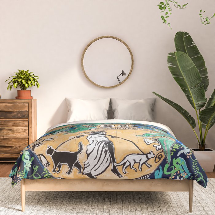 Cat Walk: Protea and Banksia Bouquet Floral Still Life with Greek Urn featuring Woman Walking Cats Comforter Gallery Image 3