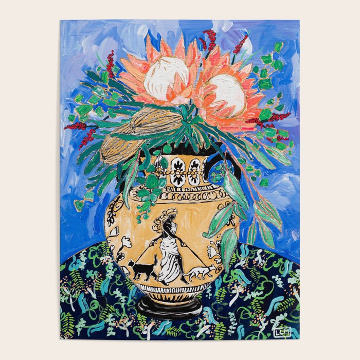 Cat Walk: Protea and Banksia Bouquet Floral Still Life with Greek Urn featuring Woman Walking Cats Poster