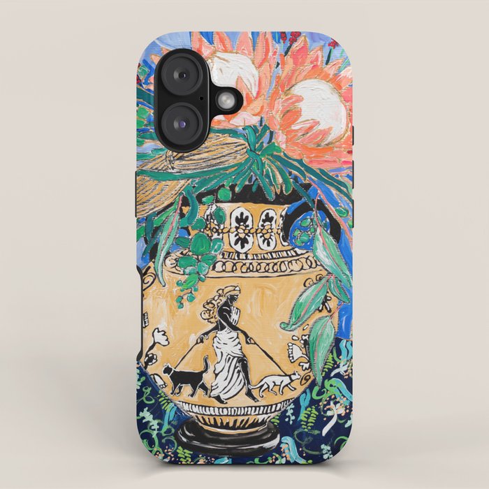 Cat Walk: Protea and Banksia Bouquet Floral Still Life with Greek Urn featuring Woman Walking Cats iPhone Case Gallery Image 1