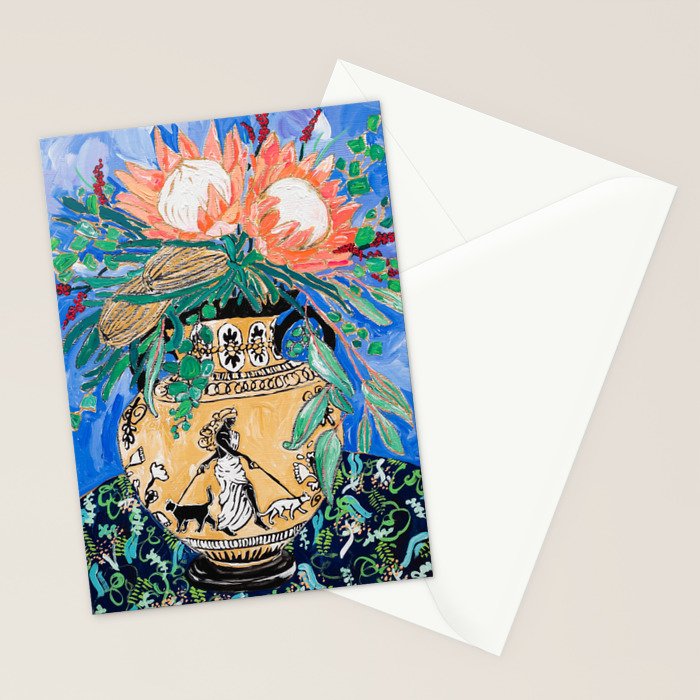 Cat Walk: Protea and Banksia Bouquet Floral Still Life with Greek Urn featuring Woman Walking Cats Stationery Card Gallery Image 2