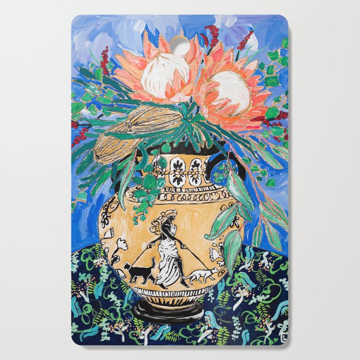 Cat Walk: Protea and Banksia Bouquet Floral Still Life with Greek Urn featuring Woman Walking Cats Cutting Board Gallery Image 1