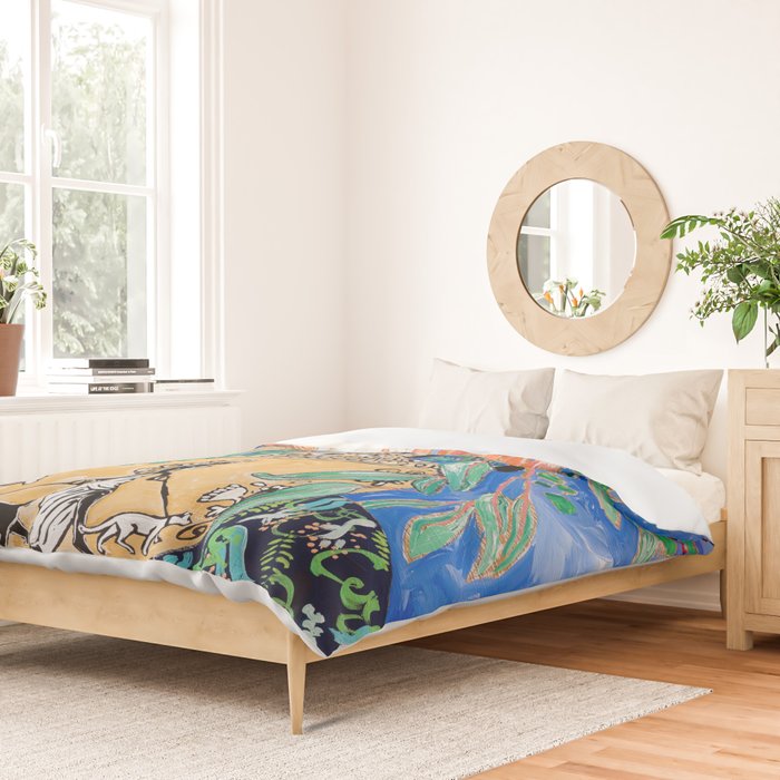 Cat Walk: Protea and Banksia Bouquet Floral Still Life with Greek Urn featuring Woman Walking Cats Duvet Cover Gallery Image 2