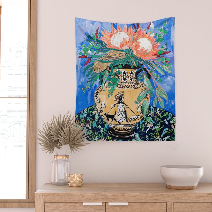 Cat Walk: Protea and Banksia Bouquet Floral Still Life with Greek Urn featuring Woman Walking Cats Wall Tapestry Gallery Image 2
