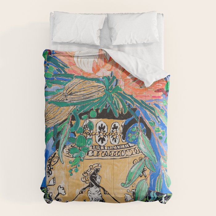 Cat Walk: Protea and Banksia Bouquet Floral Still Life with Greek Urn featuring Woman Walking Cats Comforter Gallery Image 6