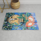Cat Walk: Protea and Banksia Bouquet Floral Still Life with Greek Urn featuring Woman Walking Cats Rug Gallery Image 1