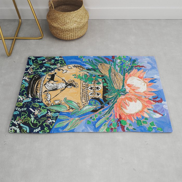 Cat Walk: Protea and Banksia Bouquet Floral Still Life with Greek Urn featuring Woman Walking Cats Rug Gallery Image 1