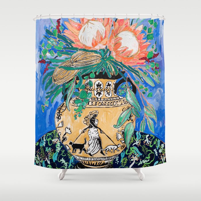 Cat Walk: Protea and Banksia Bouquet Floral Still Life with Greek Urn featuring Woman Walking Cats Shower Curtain Gallery Image 1