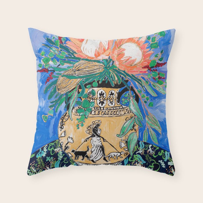 Cat Walk: Protea and Banksia Bouquet Floral Still Life with Greek Urn featuring Woman Walking Cats Throw Pillow Gallery Image 1