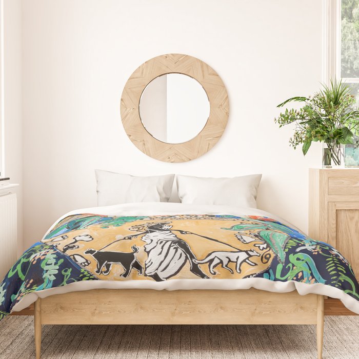 Cat Walk: Protea and Banksia Bouquet Floral Still Life with Greek Urn featuring Woman Walking Cats Duvet Cover Gallery Image 3