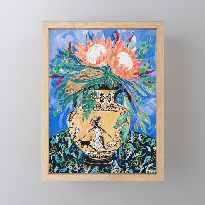 Cat Walk: Protea and Banksia Bouquet Floral Still Life with Greek Urn featuring Woman Walking Cats Mini Art Print Gallery Image 1