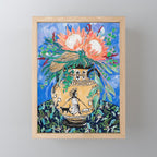 Cat Walk: Protea and Banksia Bouquet Floral Still Life with Greek Urn featuring Woman Walking Cats Mini Art Print Gallery Image 1