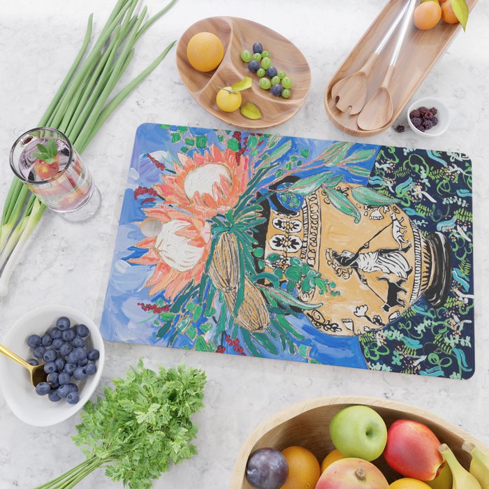 Cat Walk: Protea and Banksia Bouquet Floral Still Life with Greek Urn featuring Woman Walking Cats Cutting Board Gallery Image 2