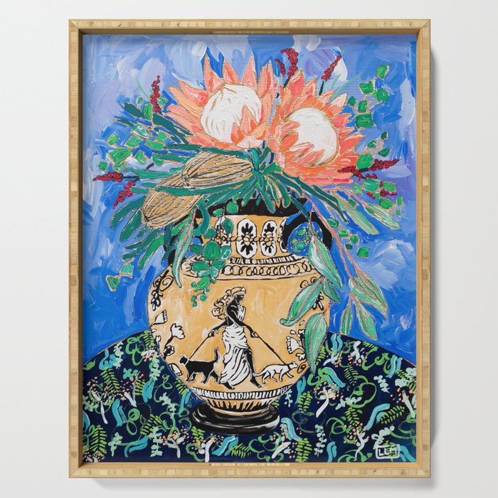 Cat Walk: Protea and Banksia Bouquet Floral Still Life with Greek Urn featuring Woman Walking Cats Serving Tray Gallery Image 1