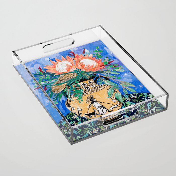 Cat Walk: Protea and Banksia Bouquet Floral Still Life with Greek Urn featuring Woman Walking Cats Acrylic Tray Gallery Image 1