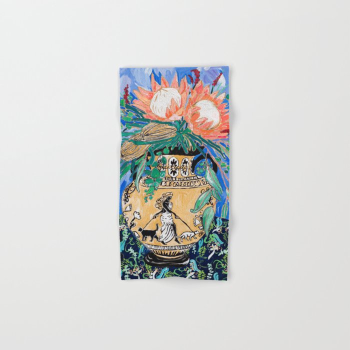 Cat Walk: Protea and Banksia Bouquet Floral Still Life with Greek Urn featuring Woman Walking Cats Bath Towel Gallery Image 1