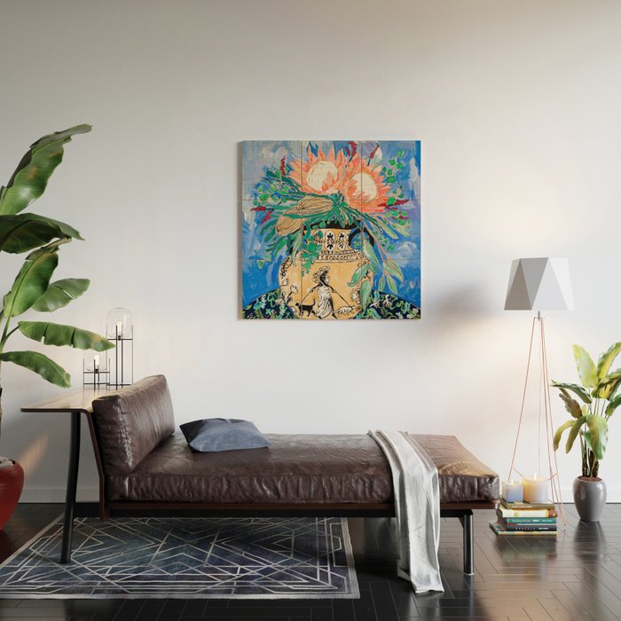 Cat Walk: Protea and Banksia Bouquet Floral Still Life with Greek Urn featuring Woman Walking Cats Wood Wall Art Gallery Image 2